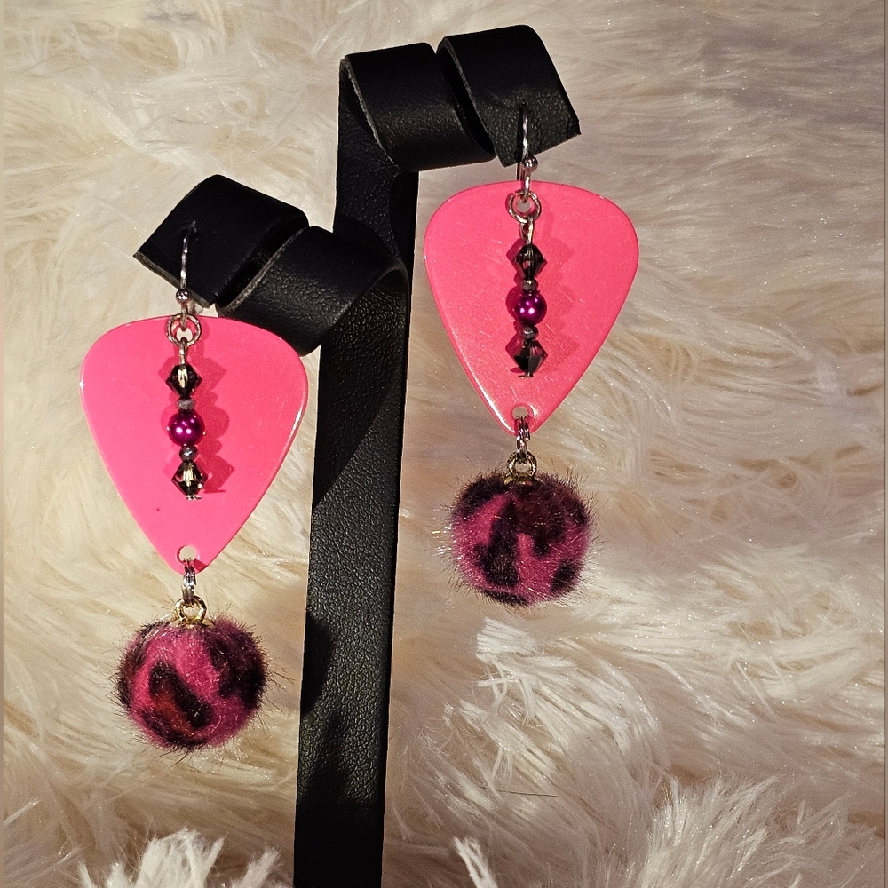 Leopard Pink Guitar Pick Earrings